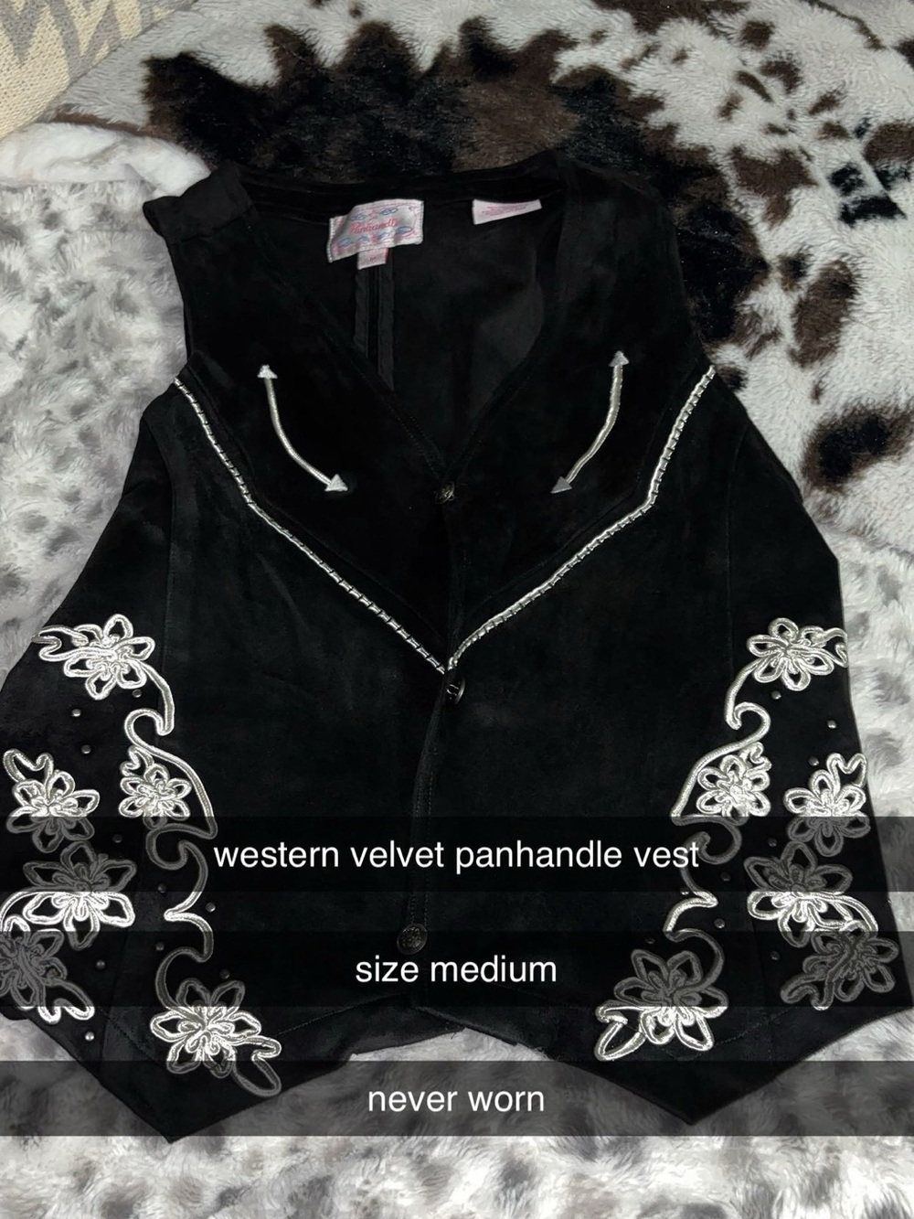 Panhandle Slim Black Velvet Western Button-Down Vest with Silver Embroidery